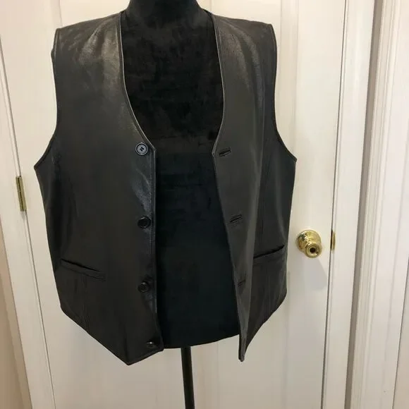 Wilson’s Leather black leather button front vest size medium - Picture 6 of 11